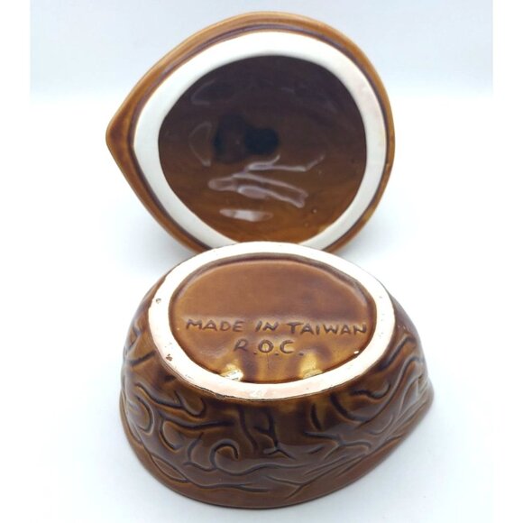 Vintage ROC Taiwan Glazed Ceramic Squirrel On Walnut Lidded Candy Dish - Picture 8 of 8